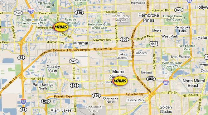 Map of Midas Total Car Care Centers in Miami-Dade and Broward County